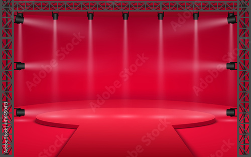 red podium with spotlight in the red room