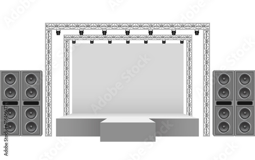 white stage and speaker with spotlight on the truss system on the white background photo