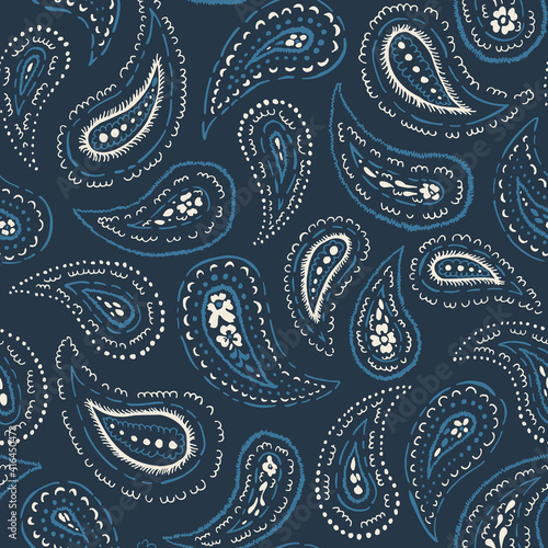 Hand-Drawn Artistic Monochrome Dark Blue Paisley Vector Seamless Pattern. Boho Traditional Ethnic Fashion Shawl Print. Monochrome Line Painterly Doodle Folk Foulard Texture Background