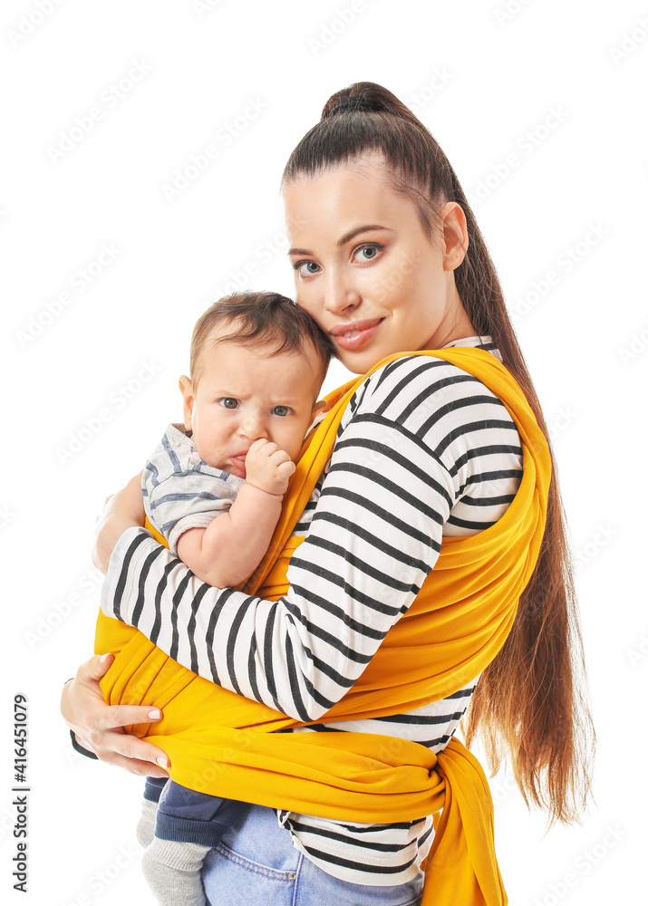 Young mother with little baby in sling on white background Young mother with little baby in sling on white background