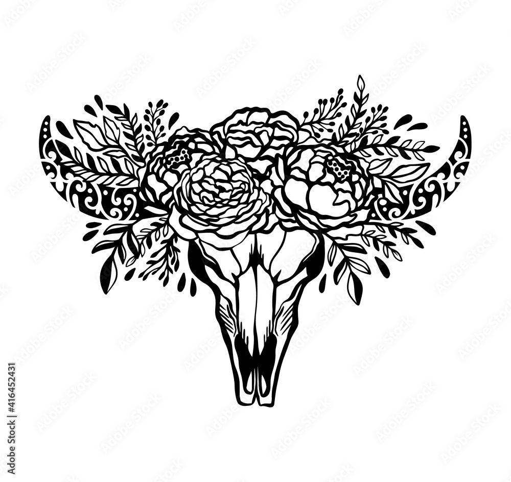 Fototapeta premium Skull cow flower floral rose.Ethnic symbol decoration native.Boho style american style.Isolated ni white background.