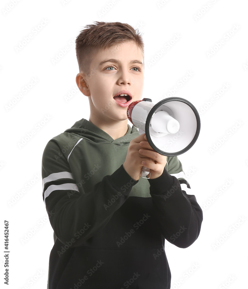 Screaming little boy with megaphone on white background Screaming little boy with megaphone on white background