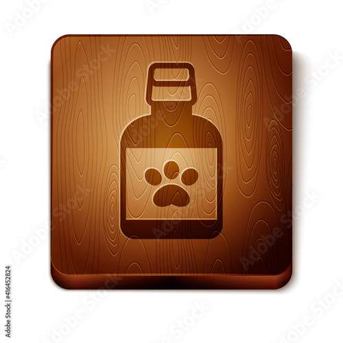 Brown Dog medicine bottle icon isolated on white background. Container with pills. Prescription medicine for animal. Wooden square button. Vector.