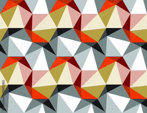 Spiky 3d effect hexagon shapes repeating pattern in a mix of orange shades and greyscale, geometric vector illustration