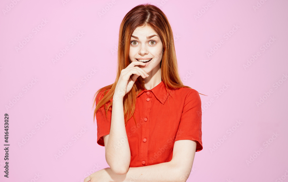 beautiful woman in red dress on pink background cropped view Copy Space beautiful woman in red dress on pink background cropped view Copy Space
