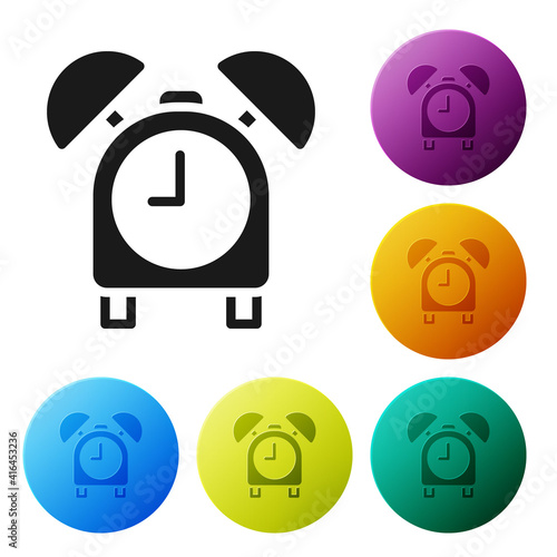 Black Alarm clock icon isolated on white background. Wake up, get up concept. Time sign. Set icons in color circle buttons. Vector.