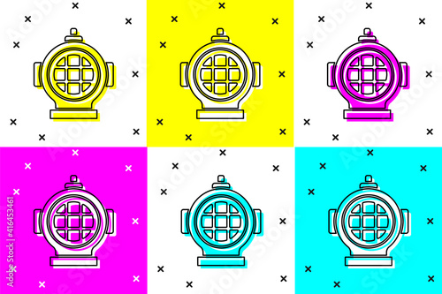 Set Aqualung icon isolated on color background. Diving helmet. Diving underwater equipment. Vector.
