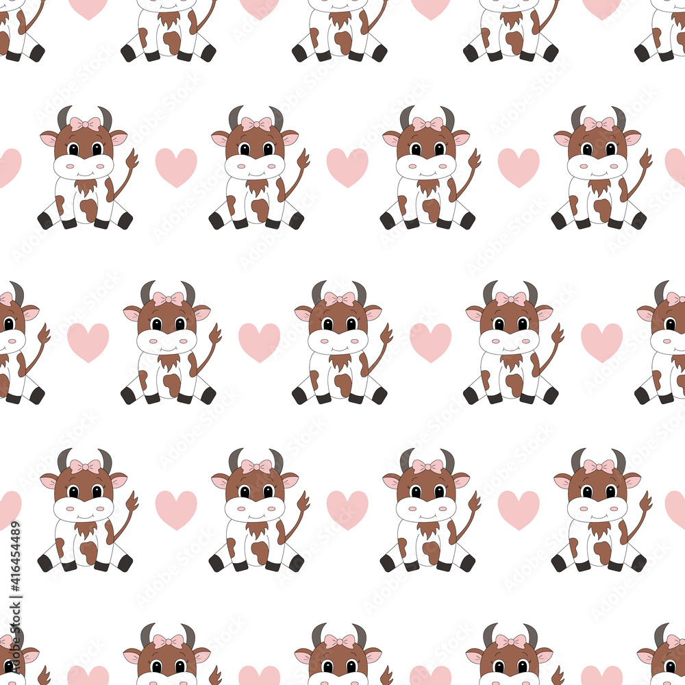 Cute cartoon cow. Vector illustration. Seamless pattern.