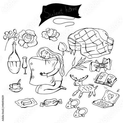 Sweet home. A set of household items. Girl with a pillow. Vecton illustration. Linear drawing, sketch.