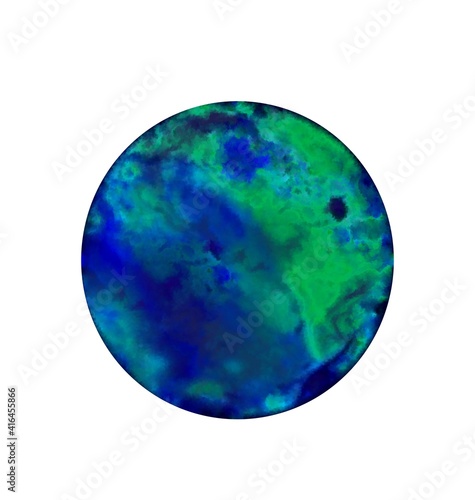 Blue green round circle flat Earth Globe planet watercolor digital drawing painting illustration.Decoration.World map isolated on white background.Decor.Print.Vinyl wall sticker decal.3d image.