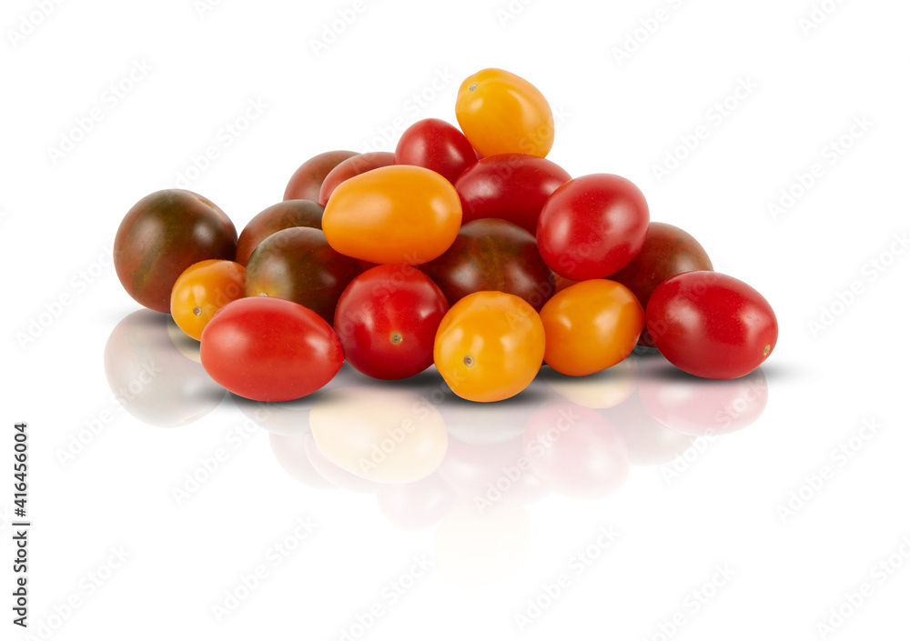 colorful brown yellow red tomatoes on a white background mirror shadows reflections isolated with clipping path colorful brown yellow red tomatoes on a white background mirror shadows reflections isolated with clipping path