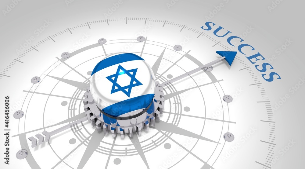 Naklejka premium Business concept. Abstract compass points to the success word. Flag of Israel. 3D rendering