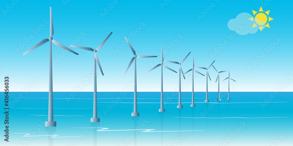 Windmills on the sea in the water, green energy concept