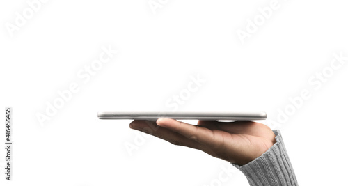 Tablet placed on hand like tray with isolated
