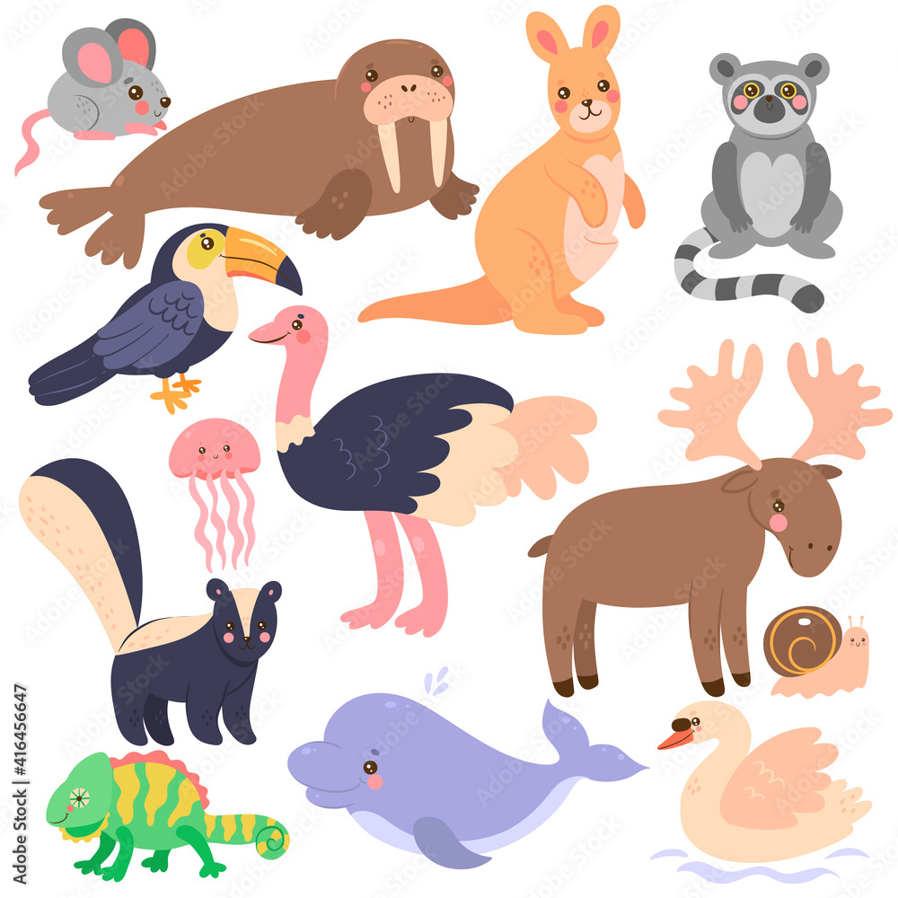 Fototapeta premium Set of cute animals in cartoon style isolated on white background. Vector graphics.