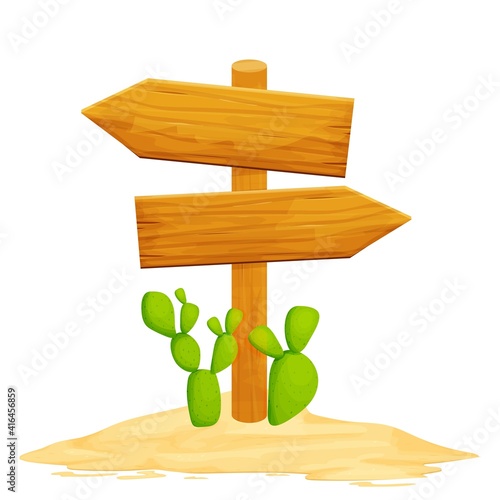 Wood directional billboard with desert sand and cactus isolated on white background in cartoon style. Wild west ui asset, decoration element. Rural, old announcement.