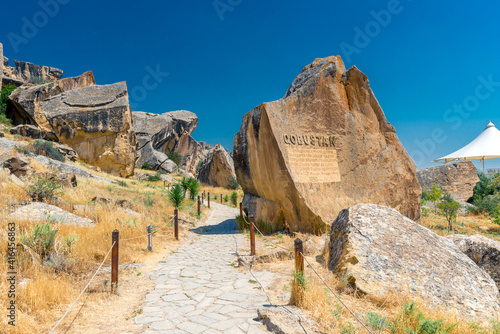 park reserve Gobustan in Azerbaijan with ancient rock petroglyphs photo