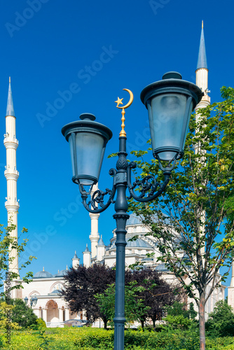 Street lamp near the Akhmat Kadyrov Mosque in Chechnya, Grozny, Russia photo