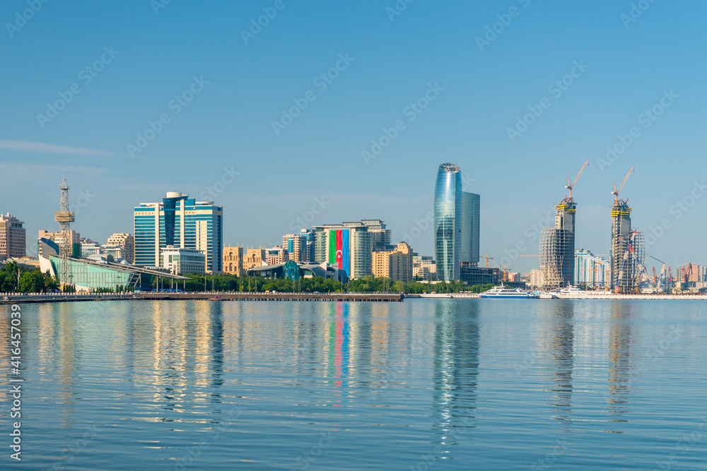 Baky skyline view from Baku boulevard or the Caspian Sea embankment. Baku is the capital and largest city of Azerbaijan and of the Caucasus region