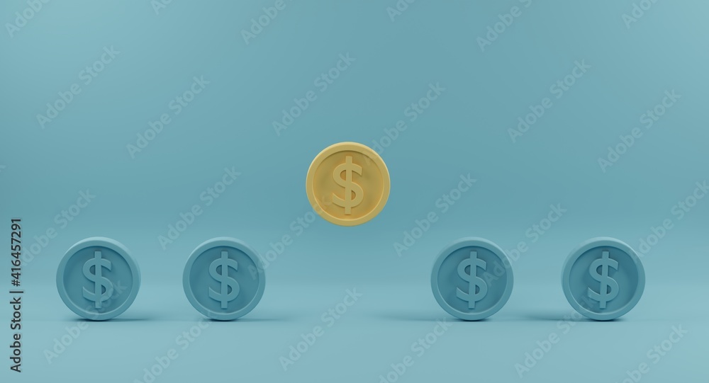 Yellow coin standing out from crowd of identical blue fellows on light blue background. Concept of outstanding and different. 3d rendering. Yellow coin standing out from crowd of identical blue fellows on light blue background. Concept of outstanding and different. 3d rendering.