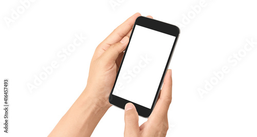 Hand holding smartphone device touching screen