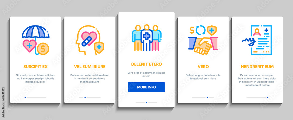 Health Insurance Care Onboarding Mobile App Page Screen Vector. Medical Insurance Agreement And Healthcare Service, Ambulance Car And Hospital Ward Illustrations