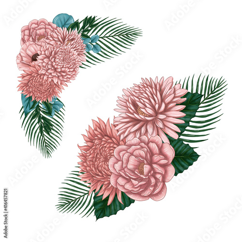 Fototapeta Naklejka Na Ścianę i Meble -  Trendy pink border, elegant pink flowers bouquets, wedding stationery elements, pink dahlas 