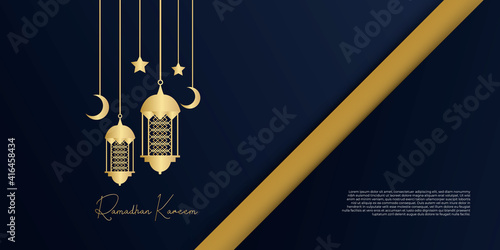 Ramadan Kareem vector card with 3d blue golden metal crescent, hanging stars, paper cut clouds, mosque. Arabic style arch with traditional pattern. Copy space. 