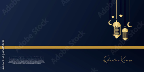  Premium ramadan kareem card design. Vector illustration of an arabic text Ramadan Kareem meaning generous Ramadan (month of fasting)in gold with dark textured background. Minimalistic design. 