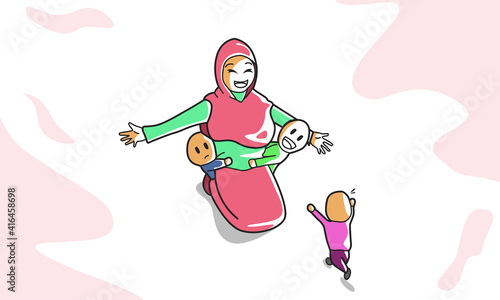 Mother's Day, Illustration Cartoon Cute Character Mom and 3 childern. Happy Mothers Day, Vector Illustration for banner, poster, webpage, landing page, card on the holiday mom