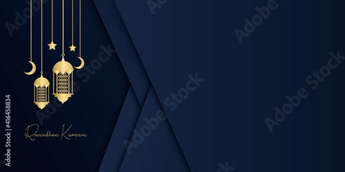 Ramadan Kareem sale Banner.Discount card, flyer for islam. Muslim Cityscape Nabawi Mosque Building Religion Flat Vector Illustration. Blue gold white islamic background, light arabic pattern