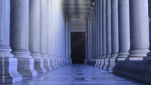 Path between classic architecture colonnade symbol of unknown and mystery, sunrise light effect, zoom in approach to dark door at the end photo