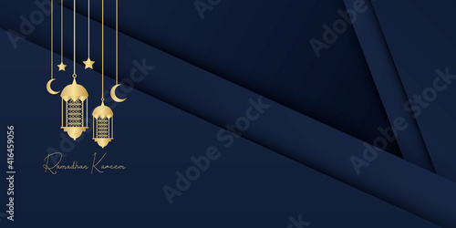 Ramadan Kareem. Gold moon and abstract luxury islamic elements background 