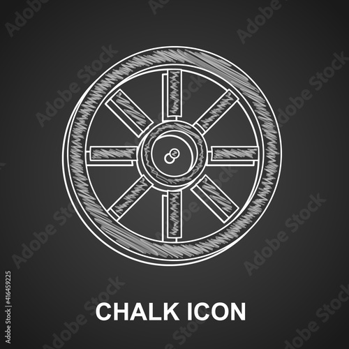 Chalk Old wooden wheel icon isolated on black background. Vector.