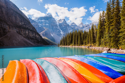 Canoes at Moraine lake, Banff National Park, Canada