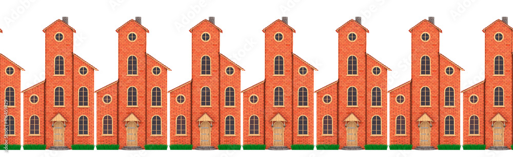 Illustration of fantastic brick houses with European-style tiled houses arranged in a row. Isolated seamless pattern on white background. 3D Render.