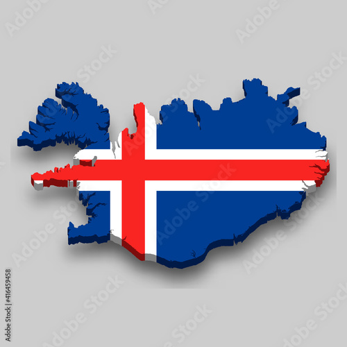 3d isometric Map of Iceland with national flag.