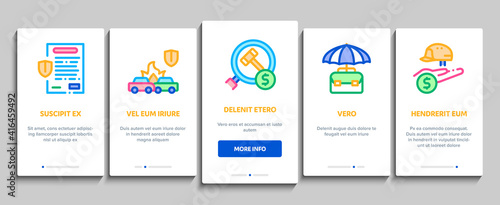 Insurance All-purpose Onboarding Mobile App Page Screen Vector. Insurance Agreement For Protection House And Car, Health And Life, Phone And Lost Work Illustrations