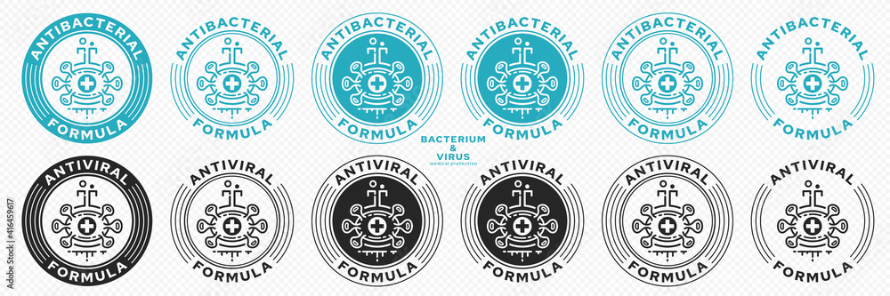 Fototapeta premium Concept for product packaging. Labeling - GMO-free. Chemical medical flask icon with microbe and liquid line - protection symbol. Vector set.