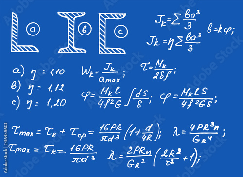 Background with physics formulas and equations. Vintage blueprint. Vector technology illustration.