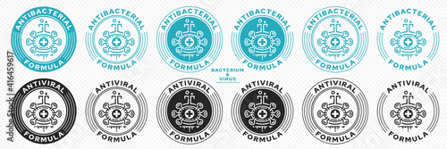 Concept for product packaging. Labeling - GMO-free. Chemical medical flask icon with microbe and liquid line - protection symbol. Vector set.