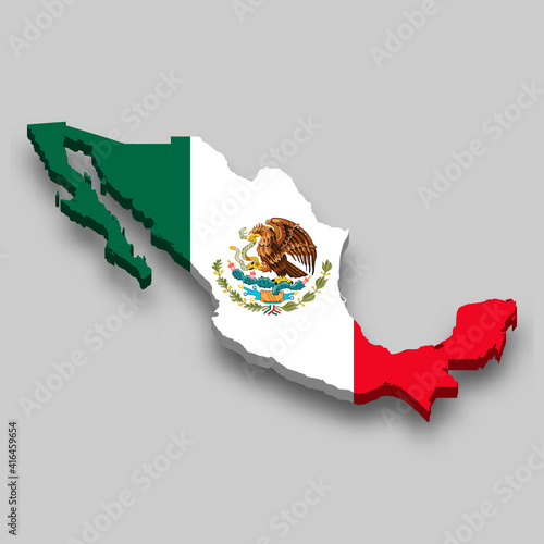 3d isometric Map of Mexico with national flag.