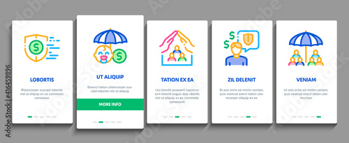 Insurance All-purpose Onboarding Mobile App Page Screen Vector. Insurance Agreement For Protection House And Car, Health And Life, Phone And Lost Work Illustrations