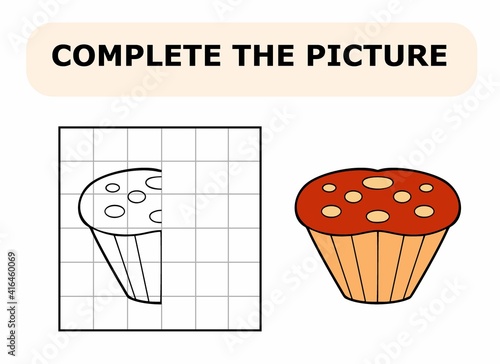 Complete the picture. Coloring book. Educational game for children. Cartoon vector illustration of cupcake.