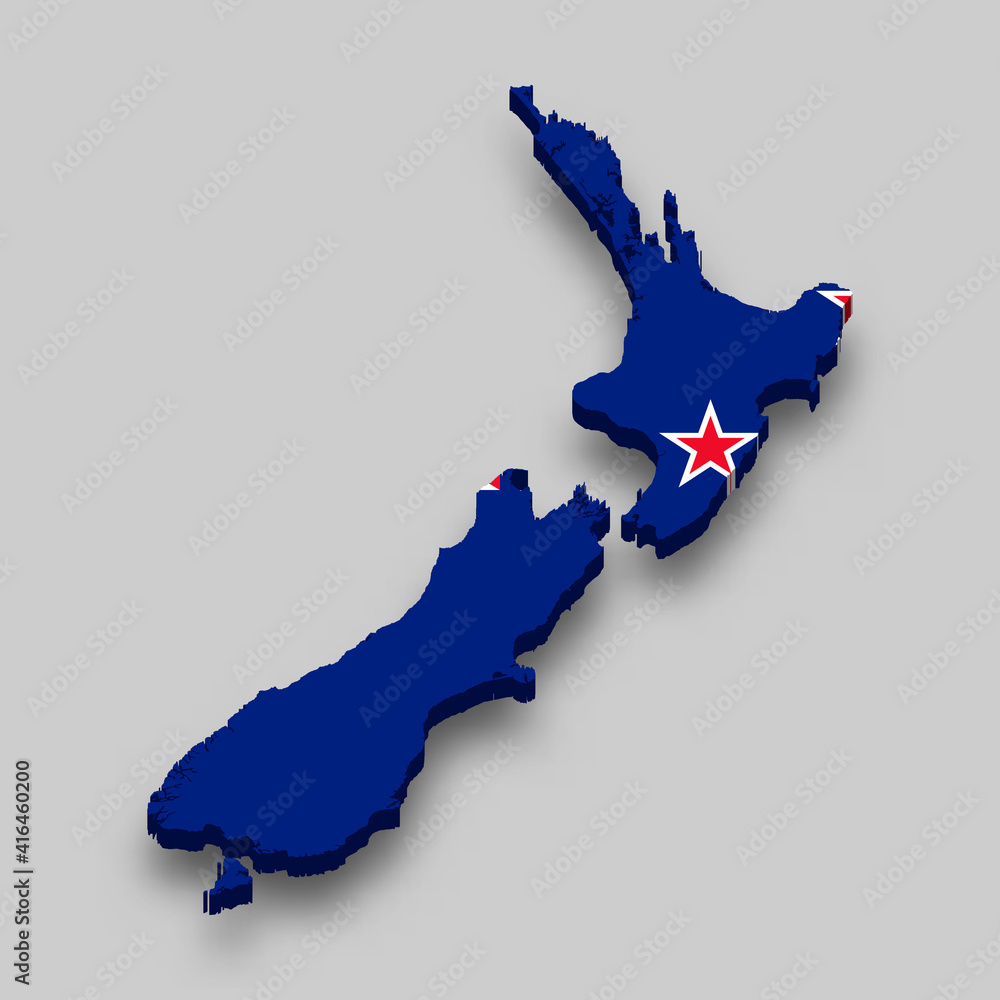 Fototapeta premium 3d isometric Map of New Zealand with national flag.