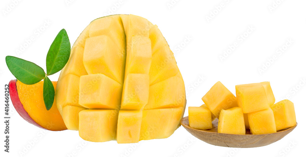 Mango fruit slices isolated on a white background