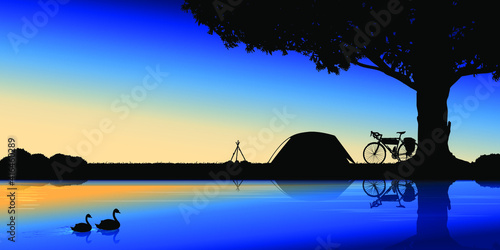 Siihouette of bicycle Camping in Forest. Vacations outdoors with tent and bicycles. Vector illustration