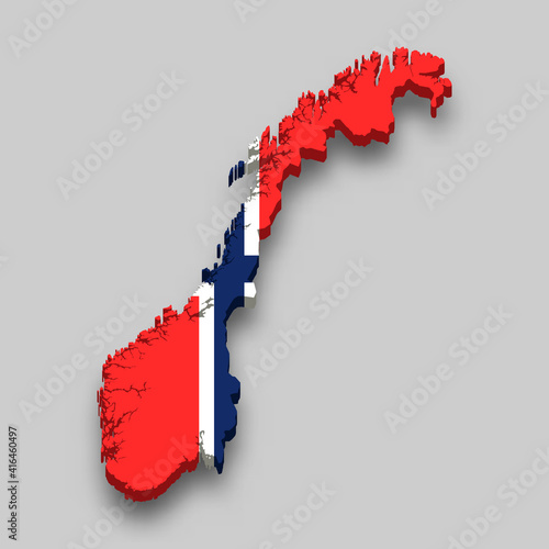 3d isometric Map of Norway with national flag.