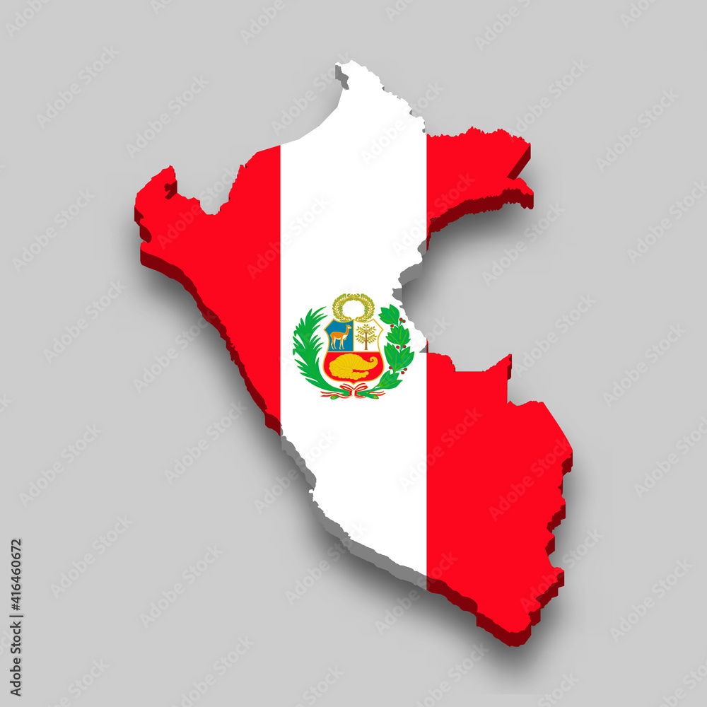 3d isometric Map of Peru with national flag. 3d isometric Map of Peru with national flag.