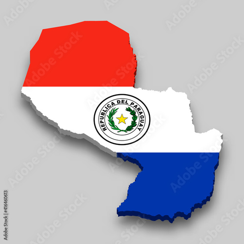 3d isometric Map of Paraguay with national flag.